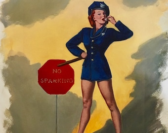 Sale Large 8x11 NO PARKING No Sparking by ELVGREN Pin-Up  High Heel Lingerie legs pinup Cop Police Woman Swing Dance Midcentury 1940s 50s