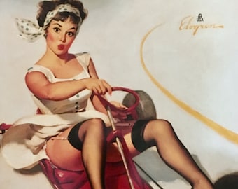 Go Cart Sale LAST One  Large Litho 12x16 CURVING AROUND by Elvgren UpSkirt Pin-Up Playing Lingerie Nylons Stockings pinup Vintage Midcentury