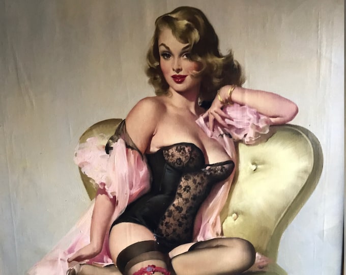 Featured listing image: ELVGREN Original 53 LOLA or Sitting Pretty PinUp Painting 3Pay Layaway listing Purchase, Lingerie Stockings Corset Rare Famous Pin-Up