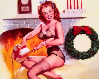 Elvgren SANTA'S SURPRISE STOCKING - Christmas  Pin-Up in sheer see through lingerie, bra panties, garter-belt and nylons stockings Pinup