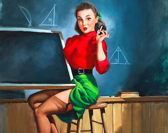 Gil Elvgren TEACHER PASSING GRADE Original Daniel Vancas Painting Pin-Up Up Skirt Lingerie Full Fashioned Sheer Stockings pinup garter belt