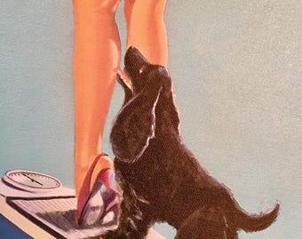 ELVGREN - SURPRISING DISCOVERY - Mid Century  Bathroom Pinup with Puppy Dog Cocker Spaniel Pin-Up