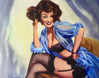 Sale Canvas Gil ELVGREN WELL SEATED Flirting Pinup in see through lingerie, negligee, stockings, black garters panties bra Vancas Vanguard