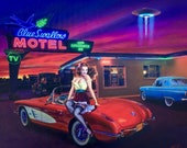 18x12 Paper MYSTERIOUS RENDEZVOUS Pin-Up By Daniel Vancas UFO at Blue Swallow Motel, 1950s Corvette, Thunderbird, Hudson Pinup like Elvgren