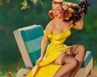 Gil Elvgren TOO MUCH to Handle Original Painting Pin-Up Redhead Puppies Up Skirt Legs Full Fashioned Stockings pinup garters Daniel Vancas