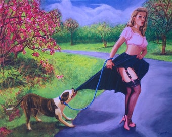 20x16 VANCAS pin-up "It's No WALK In The PARK" - PitBULL puppy dog Pinup Upskirt Vintage 50s Elvgren like Pin-Up - Art Paper Giclee