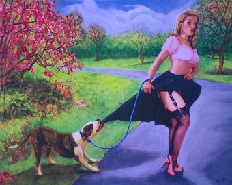 11x8 Daniel VANCAS pin-up "It's No WALK In The PARK" - PitBULL puppy dog Pinup Upskirt Vintage 50s Elvgren like Pin-Up - Art Paper Giclee