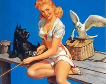 Elvgren - Catch On  - Pinup print 8X11 Pin-Up Scotty Dog goes Fishing Pinup