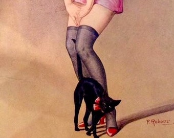 THE Kitty CAT by REBOUR Uncirculated 20's Litho French Art Deco Flapper Pinup slip sheer seamed stockings Vintage 90+years condition Pin-Up