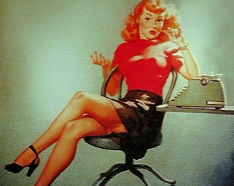 Gil ELVGREN pin-ups MAD MEN Office 8x11 Signed Office Pinup - Secretary Girl expose upskirt stockings nylons garters Pin-Up Art Illustration