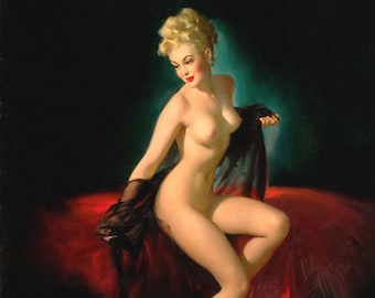 SALE Gil ELVGREN UNVEILING 20x24 Canvas Giclee 40s Glamour Nude pinup with black see-through negligee Vintage Pin-Up Vancas Vanguard Gallery