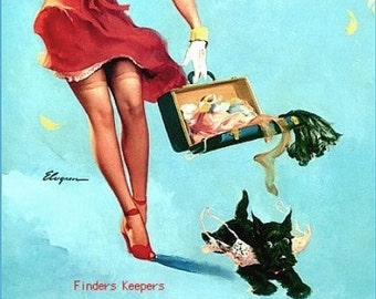 ELVGREN - FINDERS KEEPERS - 8x11 Scotty Dog Puppy Signed Pinup Upskirt stockings garters Pin-Up Midcentury