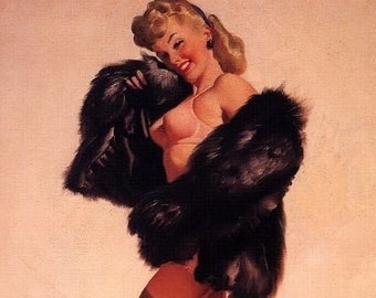 Gil Elvgren - I LOVE To TOUCH  - Pinup  in see-through lingerie, Stockings, panties, garters, Flirts with you!