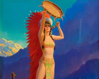 EGGLESTON Largest Canvas DRUM SONG Art Deco American Indian Maiden Maid calendar Pinup Canvas Giclee Modern 20th century pin-up Craftsman