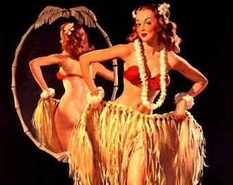 ELVGREN - DRAWING SRTAWS - 8x11 signed Hula Tiki Pinup Hawaii Hawaiian Island girl surfer Pin-Up Midcentury