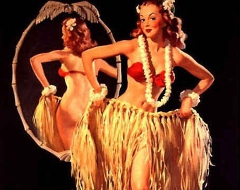 3 HULA TIKI Bar Prints ELVGREN - Drawing Straws Island Memories and Top Em All MidCentury Pin-Up Hawaiian Island Girl pinups Daniel Vancas