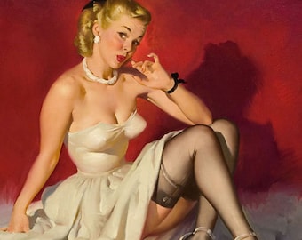 8X11 ELVGREN - YOUR MOVE  - Pinup - Romantic Flirting exposes garters, nylons, stockings, board games, checkers, Pin-Up Game Room