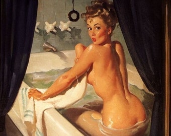 Cart Sale ELVGREN - JEEPERS PEEPERS - Pin-Up Art Deco Bathroom Tub Calendar Pinup 40s 12x18 Limited Edition Daniel Vancas, Vanguard Gallery