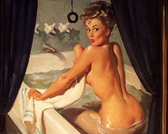 20x24 Sale  Gil ELVGREN  JEEPERS PEEPERS Canvas Giclee Bathroom Pin-Up BathTub, Midcentury Pinup Nude Bubble Bath Art Deco Vanguard Gallery