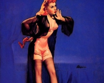 Gil ELVGREN - DOG GONE Pin-up Cocker Spaniel stockings Lingerie, sheer see through robe nylons satin panties pinup