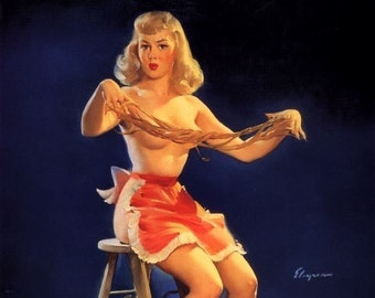 ELVGREN - THIS STICKS  - 8x11  Candy Apron, Pin-Up Burlesque Stockings Art deco Lingerie Wwii 1940's Nose Art Pinup Signed