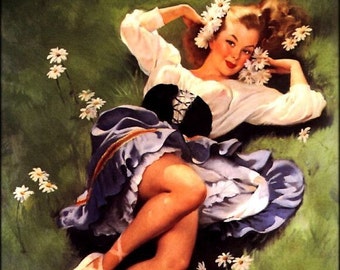Super Sale ELVGREN - SPRING FEVER  Romantic Pinup with Flowers, Vintage Dress Legs 1940s pinup Nose Art   8x11