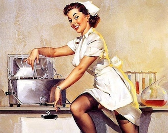 CART SALE - Gil Elvgren WHATs COOKING Pin-Up Nurse - Medical Lab - Doctor - Up skirt Uniform  Stockings  Nylons Pinup 12x18 Limited Edition