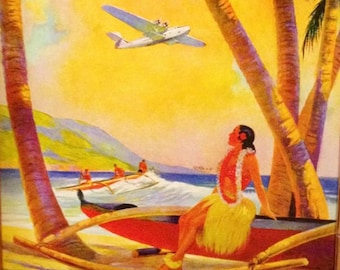 LARGE 20x24 Canvas CHINA CLIPPER Honolulu Hawaii Art Deco Airplane Travel over Diamond Head 1930s American, Twa, Pan Am United Airlines