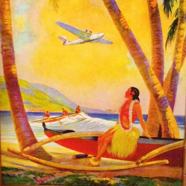 24 Hour Sale! CHINA CLIPPER Honolulu Hawaii Art Deco Airplane Travel over Diamond Head 1930s American, TWA, Pan Am United Airlines
