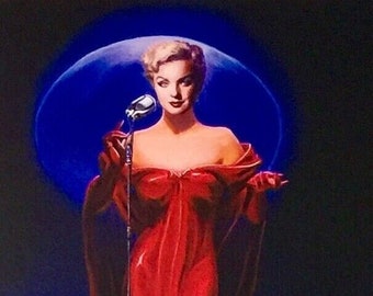 40X24 BLUE MOON MARILYN Monroe Glamour PinUp Torch Singer Daniel Vancas Pin-Up Big Band Jazz Singer Deco Vintage Microphone sheer Red Dress