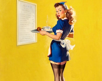 Gil Elvgren AWFULLY HIGH by Daniel Vancas replica Painting Pin-Up Coffee Shop Waitress UpSkirt Legs Full Fashioned Stockings pinup garters