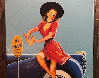 Sale 20x24 Canvas Gil Elvgren NOBODY PINCHES ME Hot Rod Pinup up skirt sheer nylons stockings Pin-Up Auto Convertible Gas Vintage Vanguard