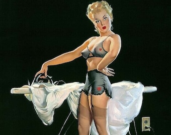 Gil Elvgren PRESSING DETAILS (c) Original Painting Pin-Up Redhead See Through Lingerie Legs Fashioned Stockings pinup garters panty Vancas
