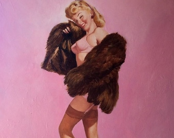 Sale Gil Elvgren IN The PINK Original Painting Pin-Up Lingerie FF cuban nylon Stockings pinup by Daniel Vancas Sheer Bra Panties garter belt