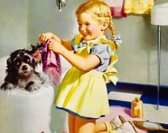 BATH TIME PUPPY Art Frahm Sale Baby Shower Large Apx 20x20 Canvas 40s Retro Puppy Dog Vintage Bath room Nursery children Calendar Pinups Art