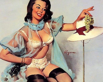 ELVGREN - TASTY TREAT -  8 X 11 Print - pinup calendar art. Lingerie stockings negligee cheese cup cake pin-up