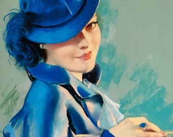 Lady In Blue 12X18 BRADSHAW CRANDELL 30s Vintage Romance Glamour Art Deco Pin-Up - Cosmopolitan Illustrator of 30's,40s 50s - Pinup