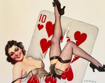 HEARTS WIN 12x18 BURLESQUE Poker Pinup Girl By Bergey Art Deco 1930's Pin-Up  Up Skirt, nylons Stockings, Garters Midcentury Modern  Fantasy