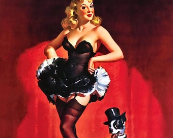 ELVGREN - LUCKY DOG Burlesque pin-up with corset, garters, nylons stockings and Boston Terrier Pinup