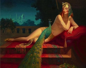 EGGLESTON Large 20x24 Canvas Egyptian HAREM BELLY Dancer Peacock Illustration Fantasy Pin-Up Lingerie Nude Deco Nouveau Egyptian Clive Pinup