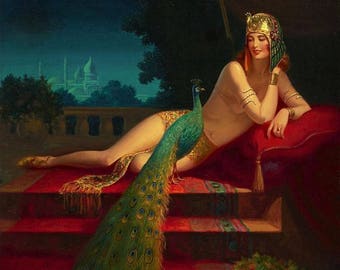 EGGLESTON Large 20x24 Canvas Egyptian HAREM BELLY Dancer Peacock Clive Illustration Fantasy Lingerie Nude Deco Art Nouveau Glamour Pinup