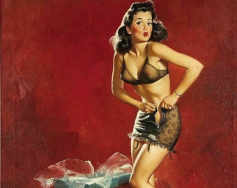 Gil Elvgren GOING To WAIST Original Painting Pin-Up Brunette See Through Lingerie Legs Full Fashioned Stockings pinup garters panty Vancas