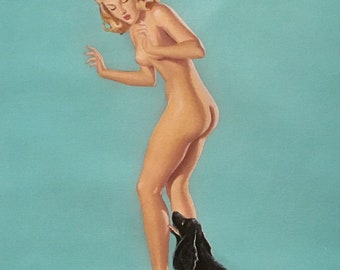 SUPER Sale Elvgren SURPRISING DISCOVERY 24x16 Pin-Up Nude Spaniel Puppy Nude Bath Room Pinup Scale 1940s Large Canvas Giclee