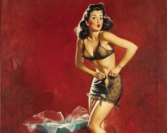 Elvgren Pin-Up GOING TO WAIST 20x24 Vintage Lingerie Sheer see through black lingerie girdle stockings garters bra pinup Canvas Giclee