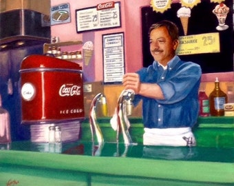 Large 20x24 Canvas  SODA JERK by Daniel VANCAS 1950s Soda Ice Cream Fountain, Coca-Cola, Coke, Soda Pop, Americana, 30s Art Deco, Diner Cafe