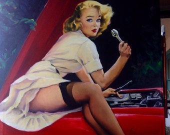 ELVGREN - HELP WANTED Original Painting 24x30 Famous Pinup Vancas of Mercedes Up Skirt Pin-Up Exposes Nylons Stockings