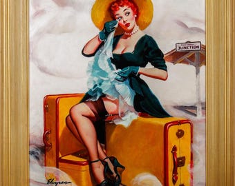 Estate Sale! ELVGREN - WELCOME TRAVELER Original Painting 30X24 Train Station Rare Pinup Vancas of Up Skirt Pin-Up Exposes Nylons Stockings