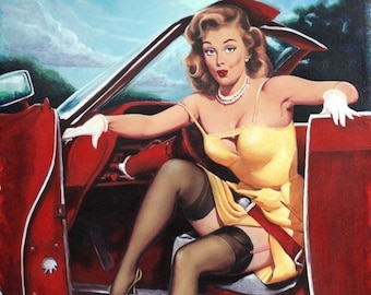 Gil ELVGREN STEPING OUT Hot Rod Burlesque Pinup Calendar upskirt sheer nylons stockings Pin-Up Automobile Convertible Gas Station Vintage