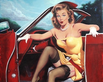 STEPPING HOTROD PINUP UpSkirt nylons Garters Stockings Pin-Up in Convertible Chevy Midcentury 12x18 Giclee