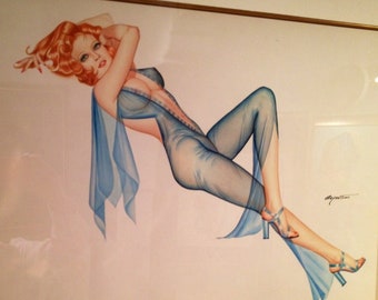 Dreaming Of You DEMARTINI Pin-Up 12x18 Redhead IN Blue Sheer see through Lingerie Vintage Burlesque Painting Vargas Mid Century Pinup